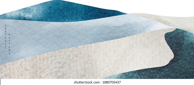 Abstract landscape background with Japanese pattern vector. Mountain forest banner with blue watercolor texture.  