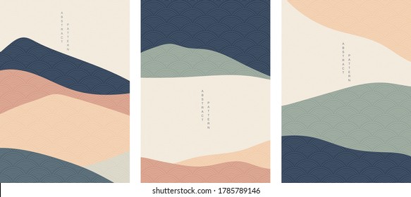 Abstract landscape  background with Japanese wave pattern vector. Curve  element  with mountain  forest silhouette  template illustration. 