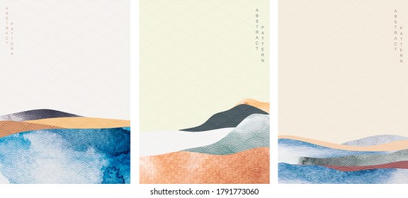 Abstract Landscape background with Japanese wave pattern vector. Watercolor texture in Asian style. Mountain forest template illustration.