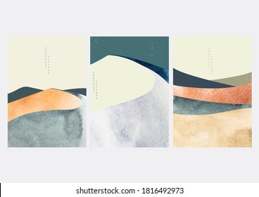 Abstract landscape background with Japanese wave pattern vector. Watercolor texture in Chinese style. Mountain forest template illustration.