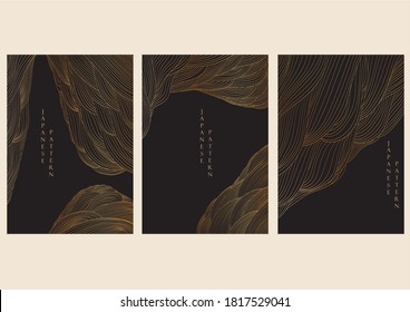 Abstract landscape background Japanese wave pattern vector. Gold line elements in Chinese style. Mountain forest template illustration.