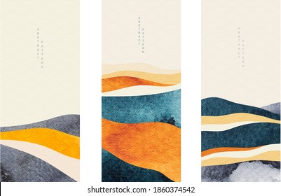 Abstract landscape background with Japanese wave pattern vector. Watercolor texture in Chinese style. Mountain forest template illustration. Banner design.