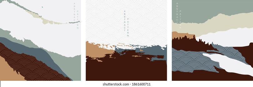 Abstract landscape background with Japanese wave pattern vector. Mountain forest with silhouette hill template. 