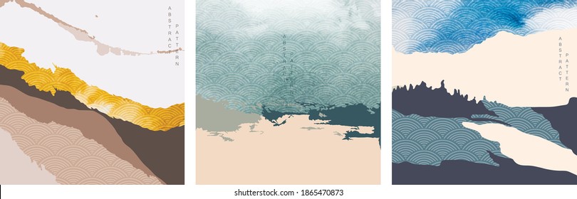 Abstract landscape background with Japanese wave pattern vector. Mountain forest with silhouette hill template with brush stroke texture. 