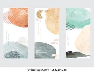 Abstract landscape background with Japanese wave pattern vector. Watercolor texture in Chinese style. Banner design.