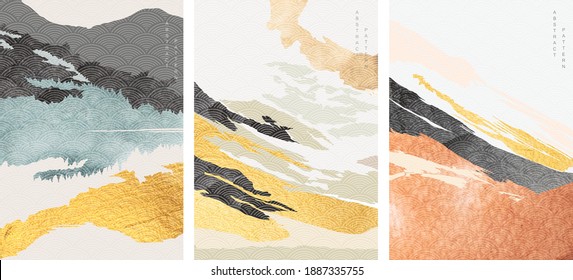 Abstract landscape background with Japanese wave pattern vector. Mountain forest banner with watercolor texture with gold foil decoration template.