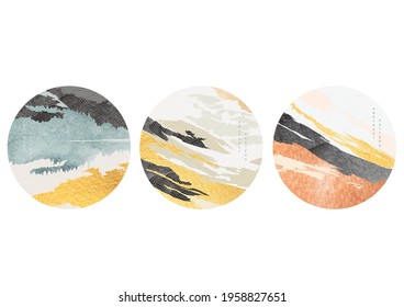 Abstract landscape background with Japanese wave pattern vector. Mountain forest banner with watercolor texture. gold foil decoration logo and symbol.