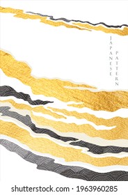 Abstract landscape background with Japanese wave pattern vector. Gold and black texture with  natural decoration shape in oriental style.