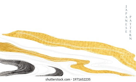 Abstract landscape background with Japanese wave pattern vector. Hand drawn line with gold and black texture in vintage style.