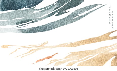 Abstract landscape background with Japanese wave pattern vector. Watercolor texture with ocean sea decoration in vintage style.