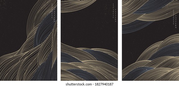 Abstract landscape background with line pattern vector. Japanese wave template in oriental style.