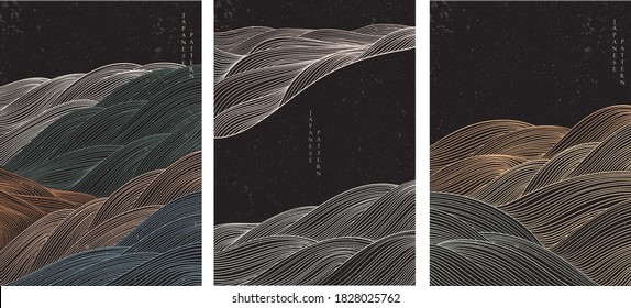 Abstract landscape background with line pattern vector. Mountain 
 forest with Japanese wave template in oriental style.