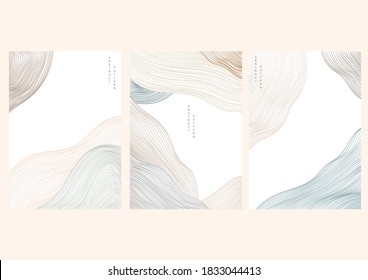 Abstract landscape background with line pattern vector. Japanese wave template in vintage style.