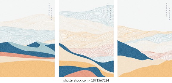 Abstract landscape background with line pattern vector. Japanese wave template in oriental style. Mountain forest banner.