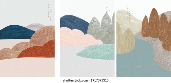 Abstract Landscape Background With Line Pattern Vector. Mountain Forest Banner In Vintage Style.