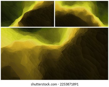 Abstract landscape background. Low-poly terrain. Polygonal mosaic with colour gradient. Sulphur. 3D vector illustration for brochure, poster, presentation, flyer or banner.
