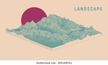 Abstract landscape background. Mesh structure. Polygonal wireframe background. 3d isometric vector illustration