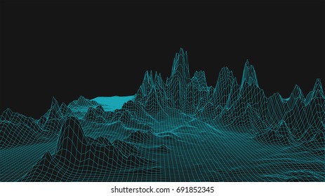 Abstract landscape background. Mesh structure. Polygonal wireframe background. 3d technology vector illustration