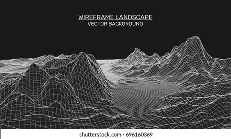 Abstract landscape background. Mesh structure. Polygonal wireframe background. 3d technology vector illustration