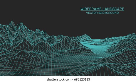 Abstract landscape background. Mesh structure. Polygonal wireframe background. 3d technology vector illustration
