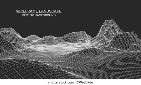 Abstract landscape background. Mesh structure. Polygonal wireframe background. 3d technology vector illustration