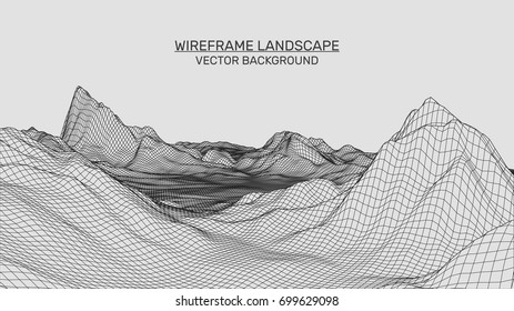 Abstract landscape background. Mesh structure. Polygonal wireframe background. 3d technology vector illustration