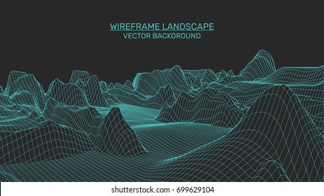 Abstract landscape background. Mesh structure. Polygonal wireframe background. 3d technology vector illustration