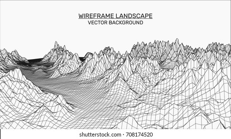 Abstract landscape background. Mesh structure. Polygonal wireframe background. 3d technology vector illustration