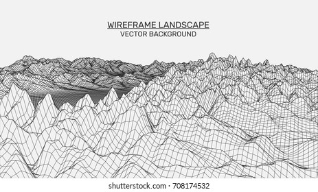 Abstract landscape background. Mesh structure. Polygonal wireframe background. 3d technology vector illustration