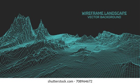 Abstract landscape background. Mesh structure. Polygonal wireframe background. 3d technology vector illustration