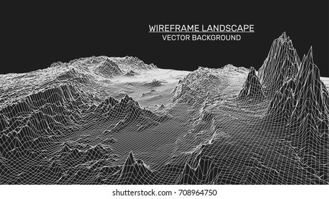 Abstract landscape background. Mesh structure. Polygonal wireframe background. 3d technology vector illustration