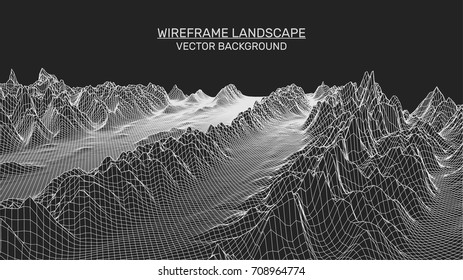 Abstract landscape background. Mesh structure. Polygonal wireframe background. 3d technology vector illustration