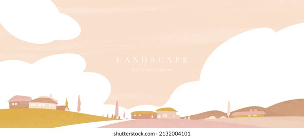 Abstrakter Landschaftshintergrund im Minimalismus. Pastellfarbene Aquarellstruktur mit Panoramablick auf Dorf, Landschaft und Himmel. Minimalistische Tapete, gut für Tapete, Dekoration, Druck und Plakat.