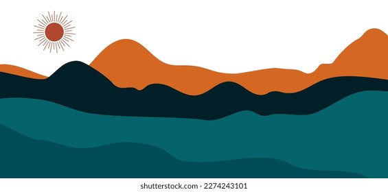 Resumen del paisaje de fondo. Moderno fondo boho con sol y montañas, diseño minimalista. Decoración de pared natural, arte contemporáneo impreso, fondo de montaña de mediados de siglo.Ilustración vectorial