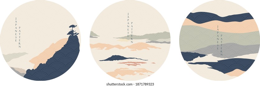 Abstrakter Landschaftshintergrund mit Bergwaldvorlage. Natürliches Panorama mit japanischer Wellenmuster-Illustration. Symbol und Symbol im Vintage-Stil.