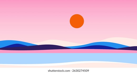 Abstract landscape background. Nature horizontal panorama with mountains hills and forest, minimal countryside view with sun and beach. Modern vector illustration.