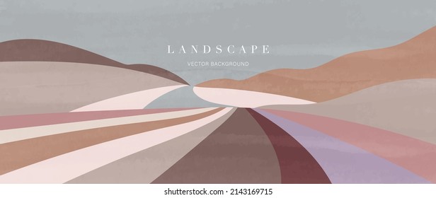 Abstract landscape background. Panorama view wallpaper in minimal style with field, meadow, road and mountain in earth tone color. For prints, interiors, wall art, decoration, covers, and banners.