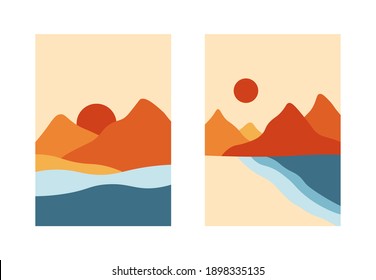 Abstract landscape background set. Contemporary posters, mountains sea sun boho wall decor, minimal vector art print wallpapers