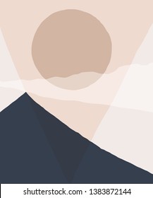 Abstract landscape background. Silhouette of mountain sky and sun geometric composition. Poster of landscape in beige. taupe and navy trendy colors. Vector illustration.