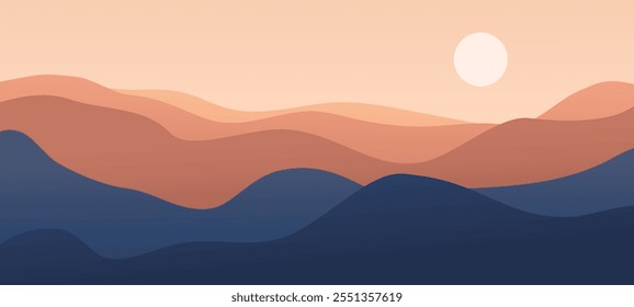 Abstract landscape background. Sun over mountains or ocean. Nature art in pastel colors gradient. Minimal simple design for print, banner, poster, wall, decoration. Vector illustration