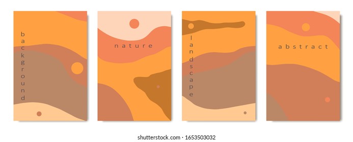 Abstract landscape background of sunset, desert, mountains. Set of four vector illustration in oriental style for flyer, cards, brochure, cover book. Concept of travel, adventure, tourism, vacation.