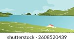 Abstract landscape background vector. Panorama view wallpaper in minimal design with river, house, mountain, sun. Illustration for print, interior, wall art, decoration, cover, banner.