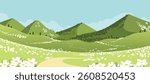 Abstract landscape background vector. Panorama view wallpaper in minimal design with mountain, tree, flower, cloud. Illustration for print, interior, wall art, decoration, cover, banner.