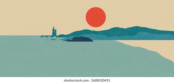Abstract landscape background vector. Panorama view wallpaper in minimal design with mountain, sea, sun, lighthouse. Illustration for print, interior, wall art, decoration, cover, banner.