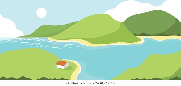 Abstract landscape background vector. Panorama view wallpaper in minimal design with river, house, mountain, sun. Illustration for print, interior, wall art, decoration, cover, banner.