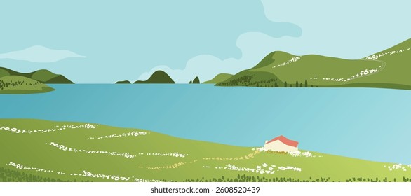 Abstract landscape background vector. Panorama view wallpaper in minimal design with river, house, mountain, sun. Illustration for print, interior, wall art, decoration, cover, banner.