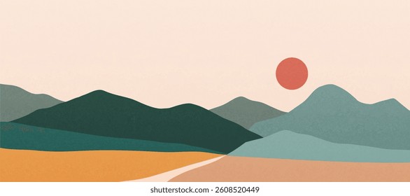 Abstract landscape background vector. Panorama view wallpaper in minimal design with mountain, sun. Illustration for print, interior, wall art, decoration, cover, banner.
