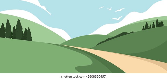 Abstract landscape background vector. Panorama view wallpaper in minimal design with mountain, tree, bird, cloud. Illustration for print, interior, wall art, decoration, cover, banner.