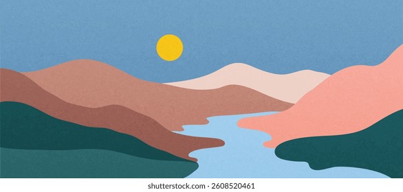 Abstract landscape background vector. Panorama view wallpaper in minimal design with mountain, moon, river. Illustration for print, interior, wall art, decoration, banner.