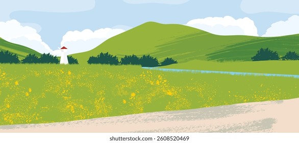 Abstract landscape background vector. Panorama view wallpaper in minimal design with mountain, tree, river, lighthouse. Illustration for print, interior, wall art, decoration, cover, banner.